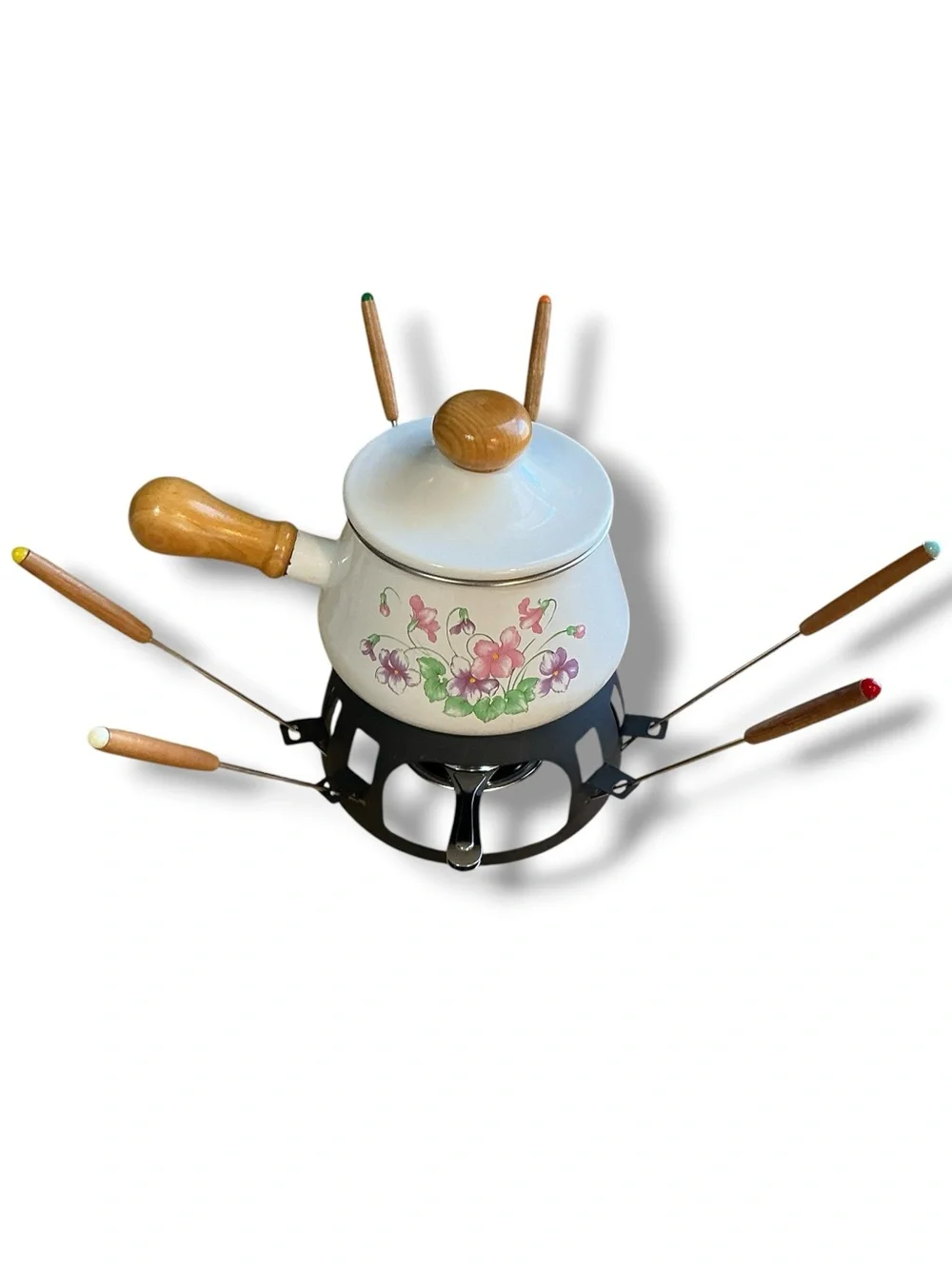Vintage 1970’s Ceramic Floral Fondue Pot with Wooden Handle Forks